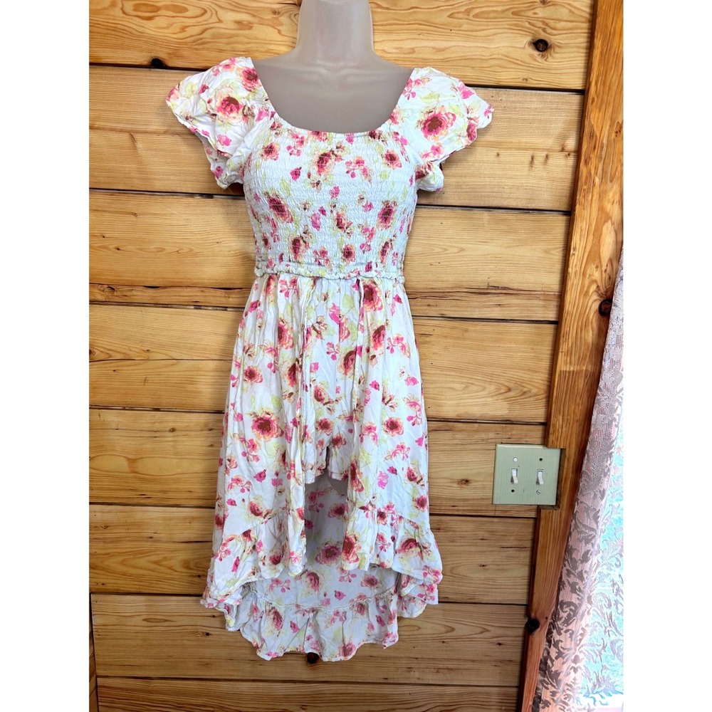 Floral High Low Romper Skort Dress Smocked Flutter Sleeve Pink Yellow Rose Print - Picture 3 of 13